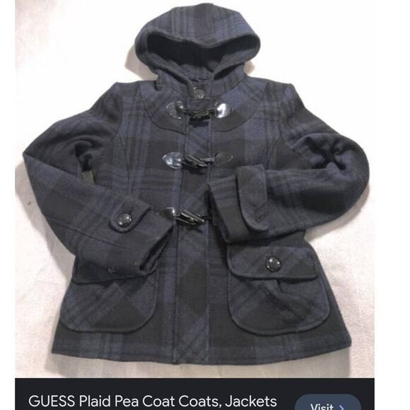 GUESS Plaid Wool Blend Navy Blue Hooded Pea Coat Claw Buttons - Picture 8 of 12
